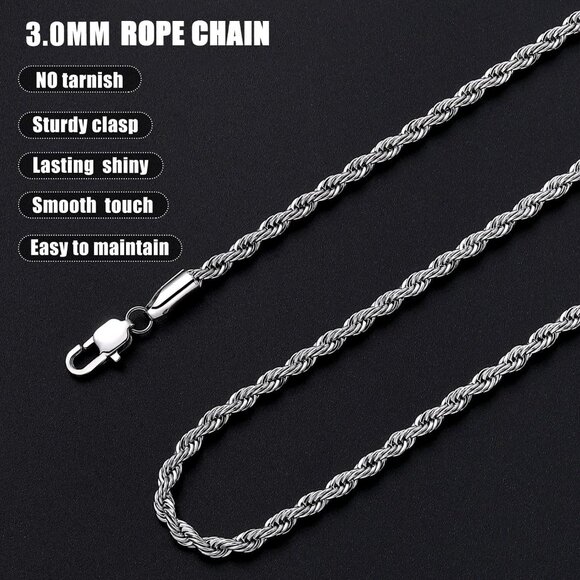 Elegant 3mm Rope Chain Necklace for Men - 20 Inch Stainless Steel Jewelry Gift - Picture 5 of 9